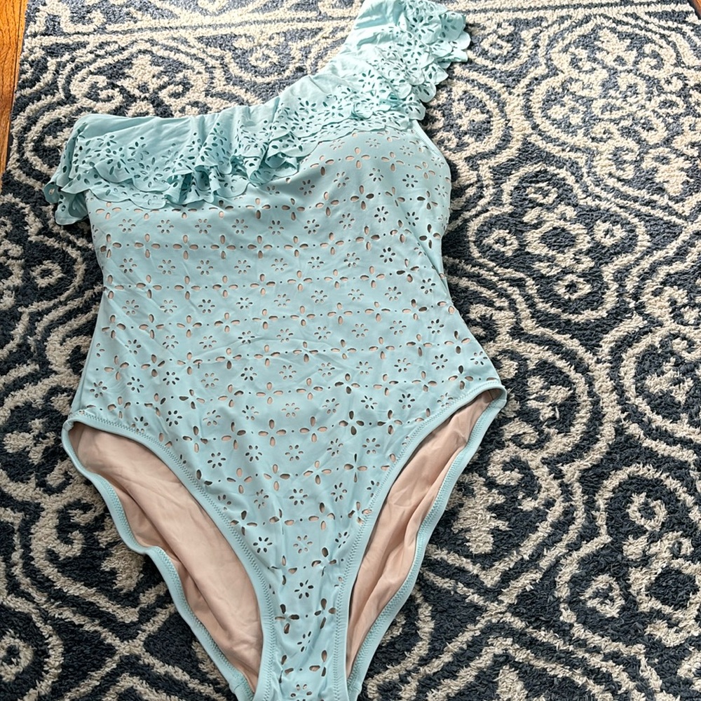 J. Crew One-Shoulder Eyelet One-Piece Swimsuit in Light Blue